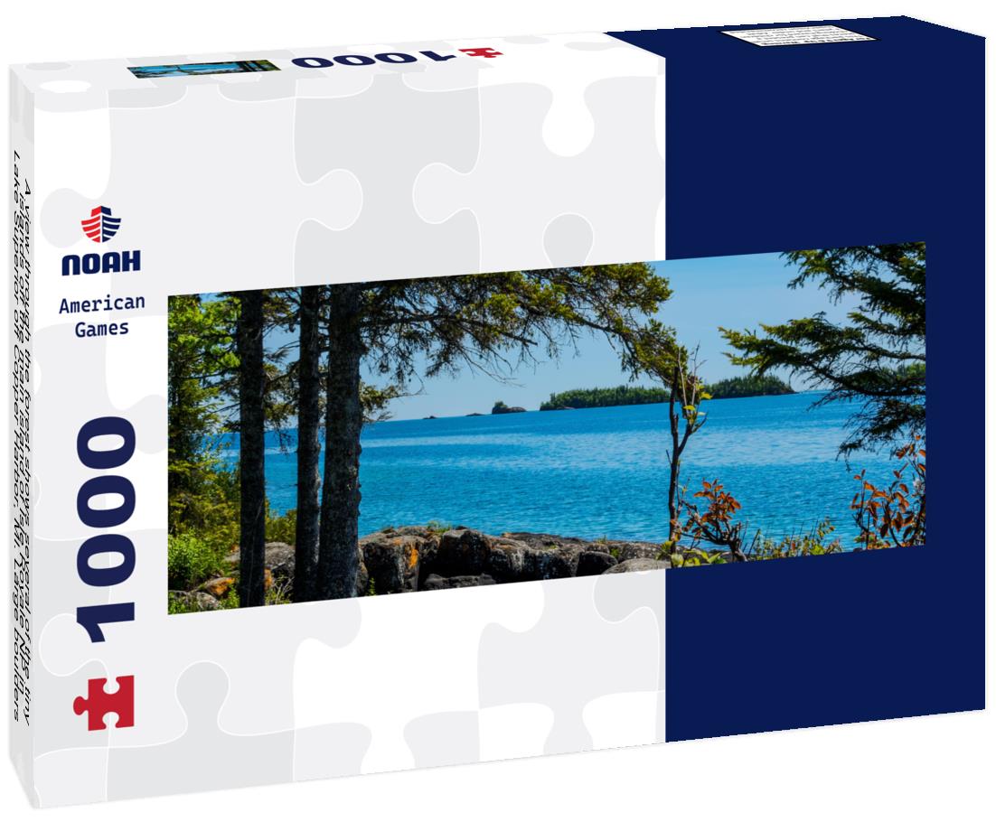 Noah Jigsaw Puzzle A view through the forest shows several of the tiny islands off the main island of Isle Royale NP in Lake Superior off Copper Harbor, MI. Large boulders surround a little water pool on shoreline panorama 1000 pieces
