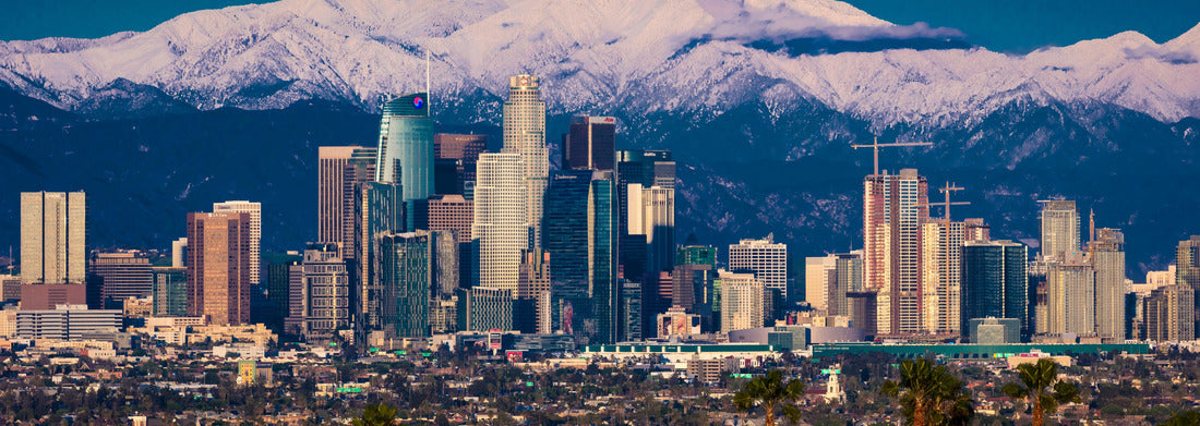 Noah Jigsaw Puzzle City of Angels - Los Angeles Skyline framed by San Bernadino Mountains and Mount Baldy with fresh snow from Kenneth Hahn State Park panorama 1000 pieces