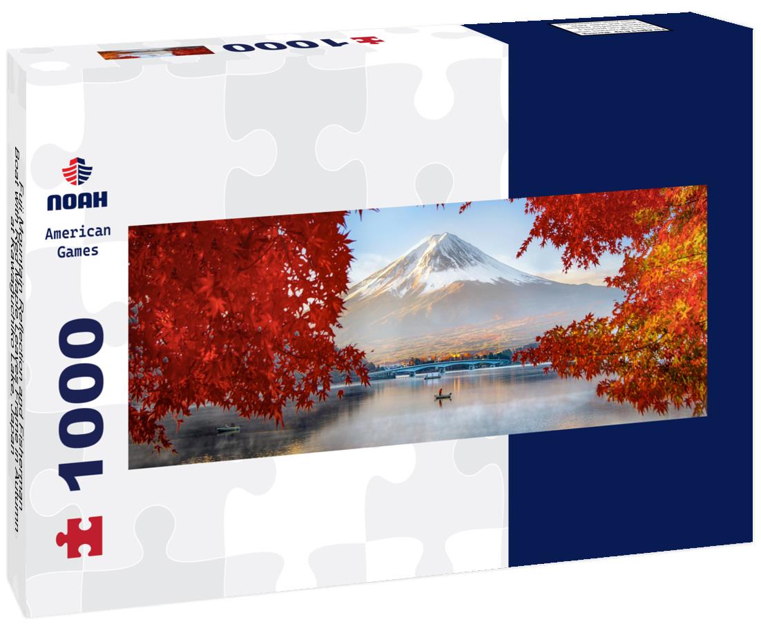 Noah Jigsaw Puzzle Fuji Mountain Reflection and Fisherman Boat with Red Maple Leaves Frame in Autumn at Kawaguchiko Lake, Japan panorama 1000 pieces