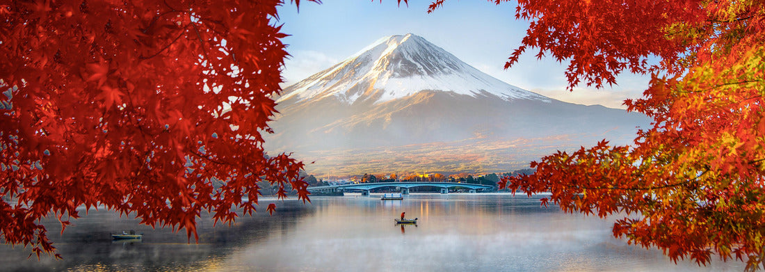 Noah Jigsaw Puzzle Fuji Mountain Reflection and Fisherman Boat with Red Maple Leaves Frame in Autumn at Kawaguchiko Lake, Japan panorama 1000 pieces