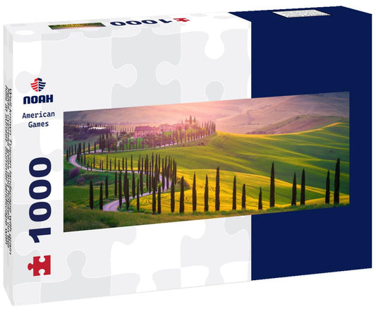 Noah Jigsaw Puzzle Well-known Tuscan landscape with grain fields, cypress trees and houses on the hills at sunset. Summer landscape with winding road in Tuscany, Italy panorama 1000 pieces