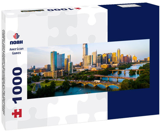 Noah Jigsaw Puzzle Golden Hour Golden Sunshine on the Downtown Towers and Modern Skyscrapers in Austin Texas USA skyline cityscape during afternoon sunset with Town Lake and Bridges panorama 1000 pieces