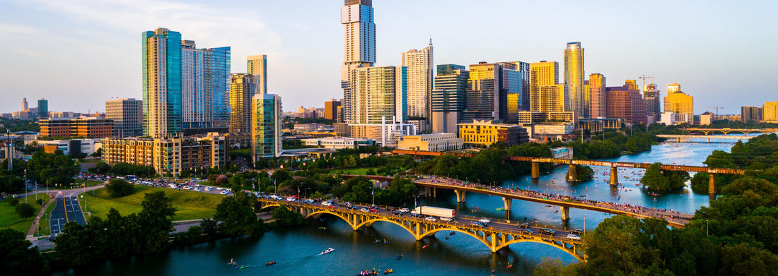 Noah Jigsaw Puzzle Golden Hour Golden Sunshine on the Downtown Towers and Modern Skyscrapers in Austin Texas USA skyline cityscape during afternoon sunset with Town Lake and Bridges panorama 1000 pieces