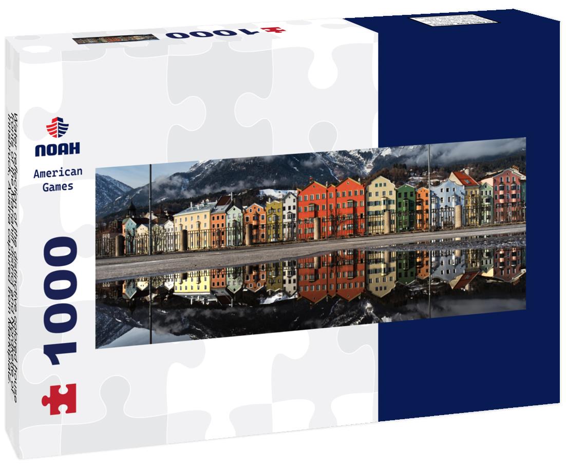 Water reflection of the distinctive colored house fronts of the Mariahilf district and Nordkette of Innsbruck, Austria captured from Marktplatz. This is the famous view of Innsbrucks cityscape 1000pc Panoramic Puzzle