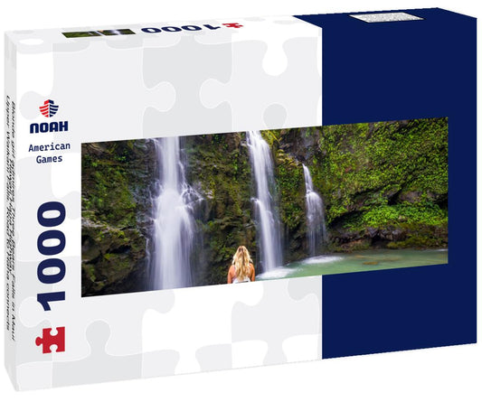 Noah Jigsaw Puzzle Blonde girl admires Three Bears Falls in Maui, Hawaii Hana Highway - Upper Waikani Falls. Road to Hana connects Kahului to the town of Hana Over 59 bridges, 620 curves, tropical rainforest panorama 1000 pieces