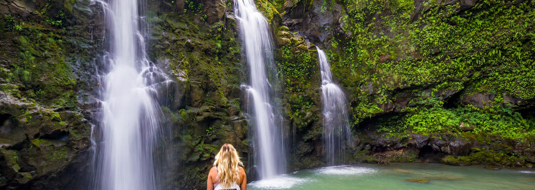 Noah Jigsaw Puzzle Blonde girl admires Three Bears Falls in Maui, Hawaii Hana Highway - Upper Waikani Falls. Road to Hana connects Kahului to the town of Hana Over 59 bridges, 620 curves, tropical rainforest panorama 1000 pieces