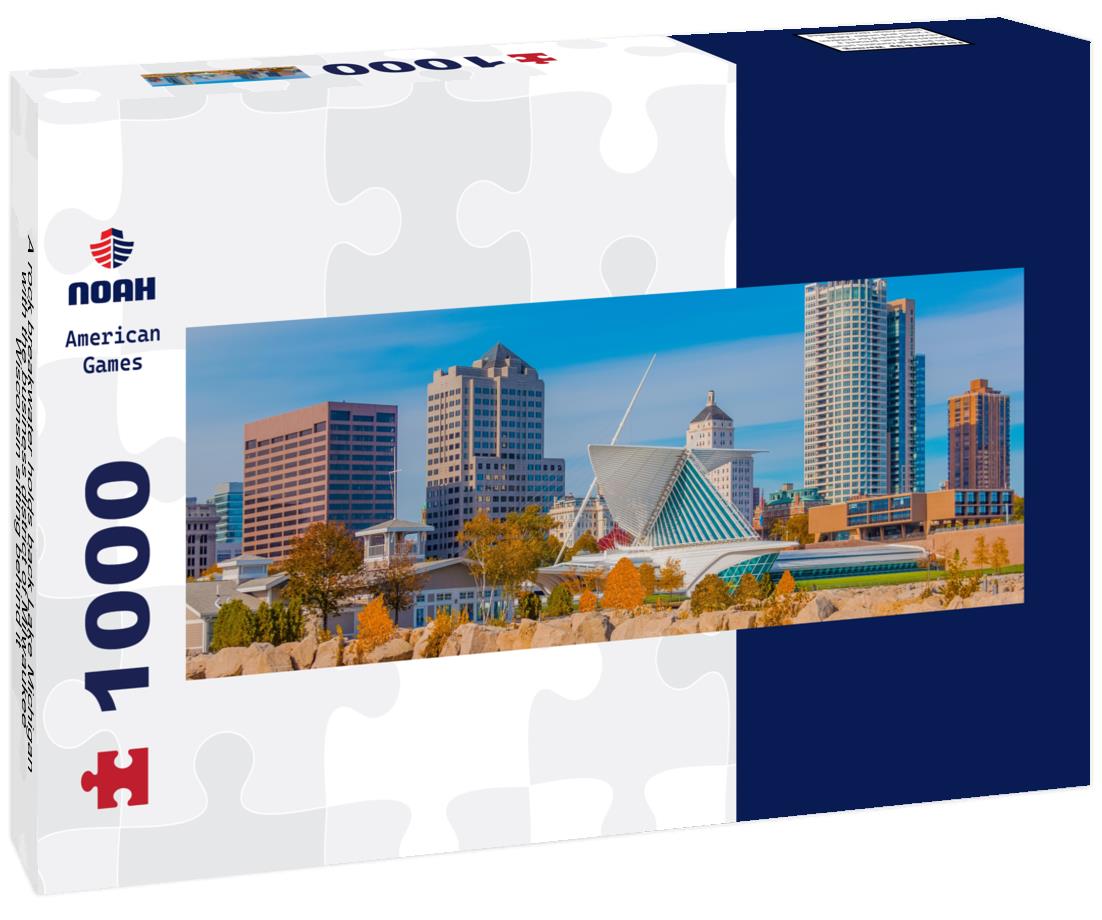 Noah Jigsaw Puzzle A rock breakwater holds back Lake Michigan, with the business district of Milwaukee, Wisconsin sitting behind it panorama 1000 pieces