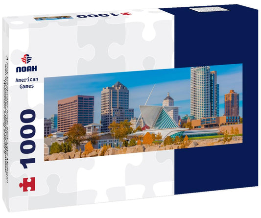Noah Jigsaw Puzzle A rock breakwater holds back Lake Michigan, with the business district of Milwaukee, Wisconsin sitting behind it panorama 1000 pieces