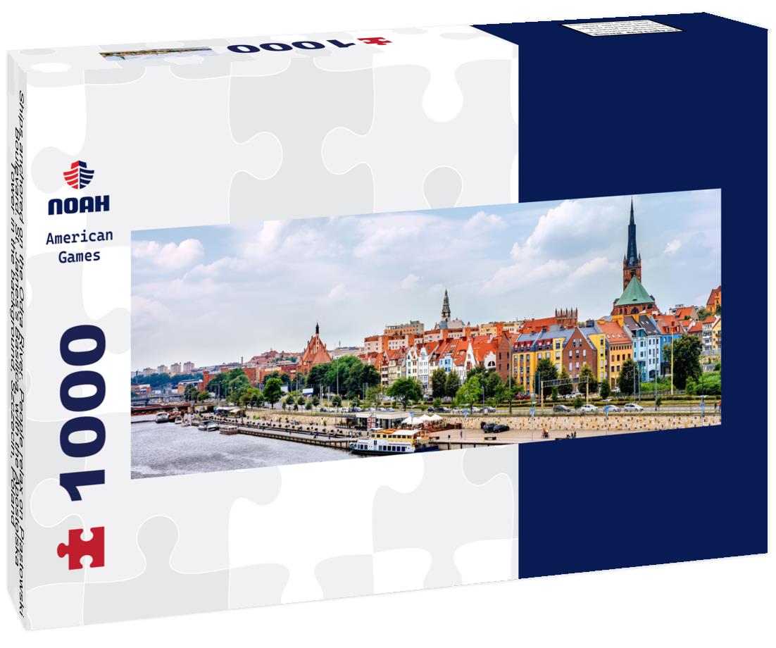 Noah Jigsaw Puzzle Ships anchored on the Odra River. People relax on Piastowski Boulevard. St. James's Basilica, with the Apostolska Tower in the background, Szczecin, Poland panorama 1000 pieces
