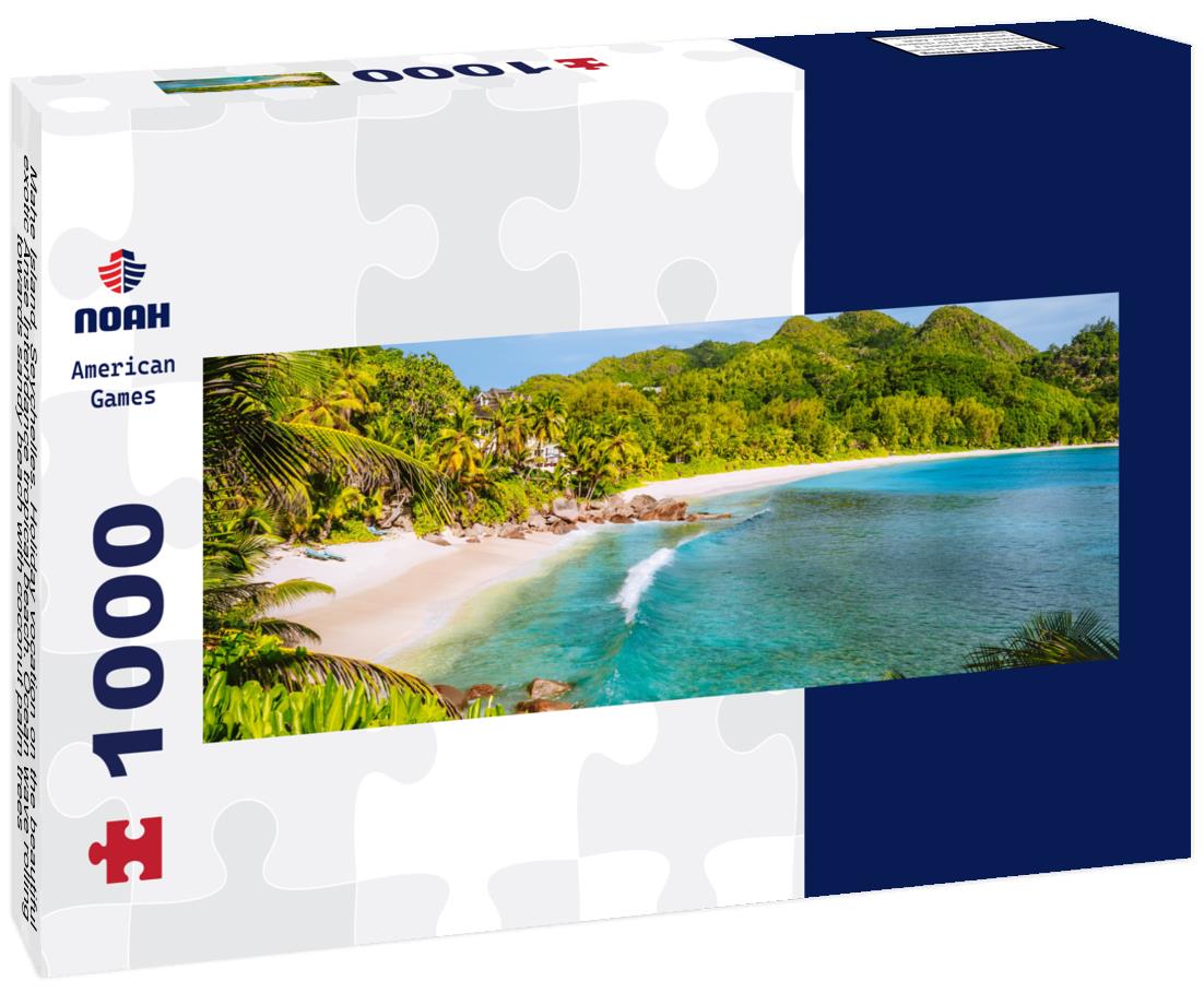 Noah Jigsaw Puzzle Mahe Island, Seychelles. Holiday vocation on the beautiful exotic Anse Intendance tropical beach. Ocean wave rolling towards sandy beach with coconut palm trees panorama 1000 pieces