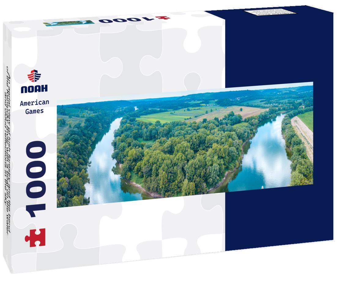 Noah Jigsaw Puzzle An aerial view of lush forestry and the bend of the Kentucky River with a boat on the water and cloud reflections in the sky panorama 1000 pieces