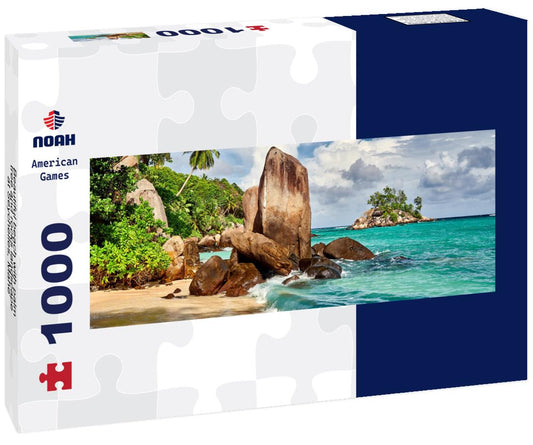 Noah Jigsaw Puzzle Beautiful beach with palm tree and rocks landscape at Seychelles, Mahe panorama 1000 pieces