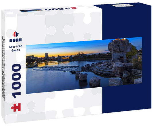 Noah Jigsaw Puzzle Keeper of the Plains Indian in Wichita, Kansas at sunrise. A steel sculpture by Blackbear Bosin that stands at the fork of the Arkansas River panorama 1000 pieces