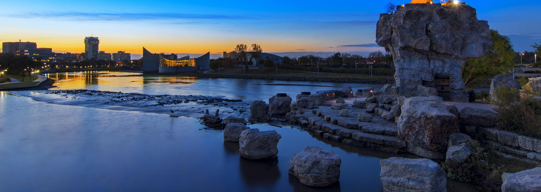 Noah Jigsaw Puzzle Keeper of the Plains Indian in Wichita, Kansas at sunrise. A steel sculpture by Blackbear Bosin that stands at the fork of the Arkansas River panorama 1000 pieces