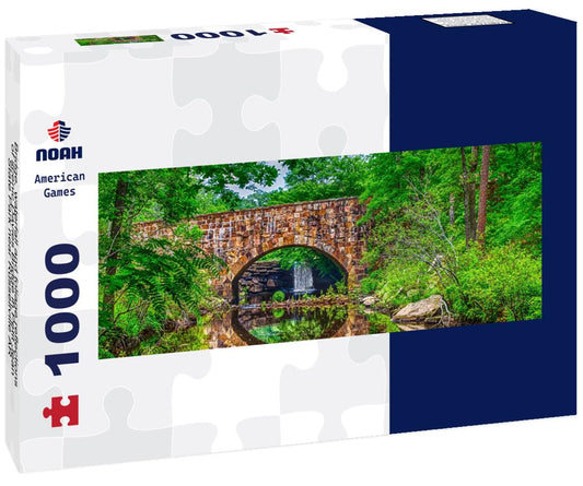 Noah Jigsaw Puzzle Bridge, waterfall and foliage reflections of scenic Davies Bridge in Petit Jean State Park near Russellville AR panorama 1000 pieces