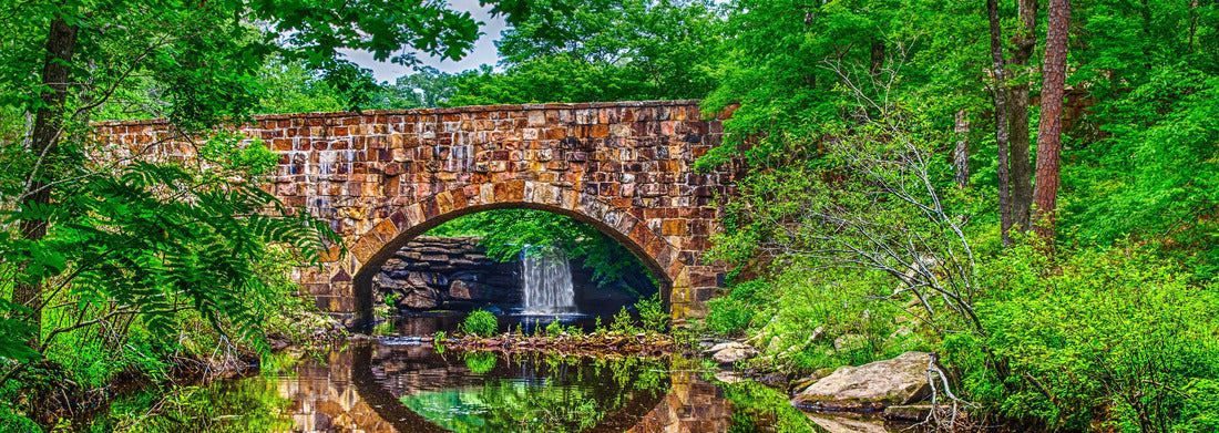 Noah Jigsaw Puzzle Bridge, waterfall and foliage reflections of scenic Davies Bridge in Petit Jean State Park near Russellville AR panorama 1000 pieces