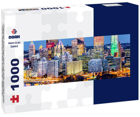 Noah Jigsaw Puzzle Pittsburgh downtown skyline at dusk. Located at the confluence of the Allegheny, Monongahela and Ohio rivers, Pittsburgh is also known as “Steel City”, for its more than 300 steel-related businesses panorama 1000 pieces