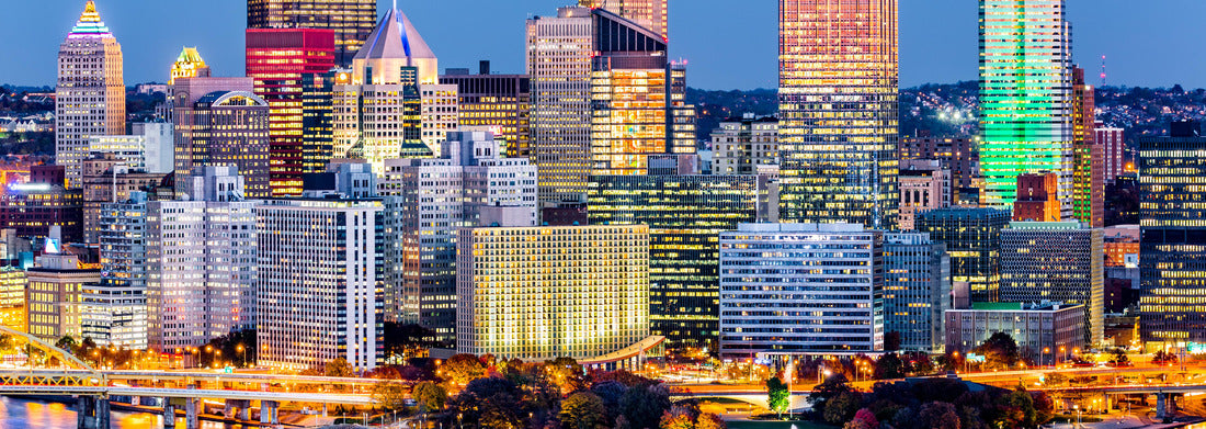 Noah Jigsaw Puzzle Pittsburgh downtown skyline at dusk. Located at the confluence of the Allegheny, Monongahela and Ohio rivers, Pittsburgh is also known as “Steel City”, for its more than 300 steel-related businesses panorama 1000 pieces
