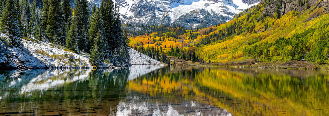 Noah Jigsaw Puzzle Maroon Bells and Maroon Lake - A wide-angle autumn midday view of the snow-capped Maroon Bells reflecting in the crystal-clear Maroon Lake, Aspen, Colorado, USA panorama 1000 pieces