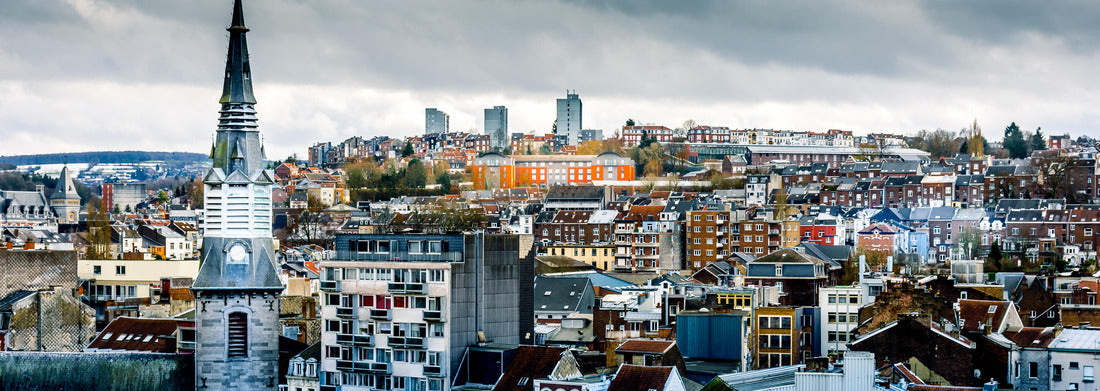 Noah Jigsaw Puzzle Tower of “Notre-Dame des Récollets” church and cityscape of Verviers with a dramatic sky panorama 1000 pieces