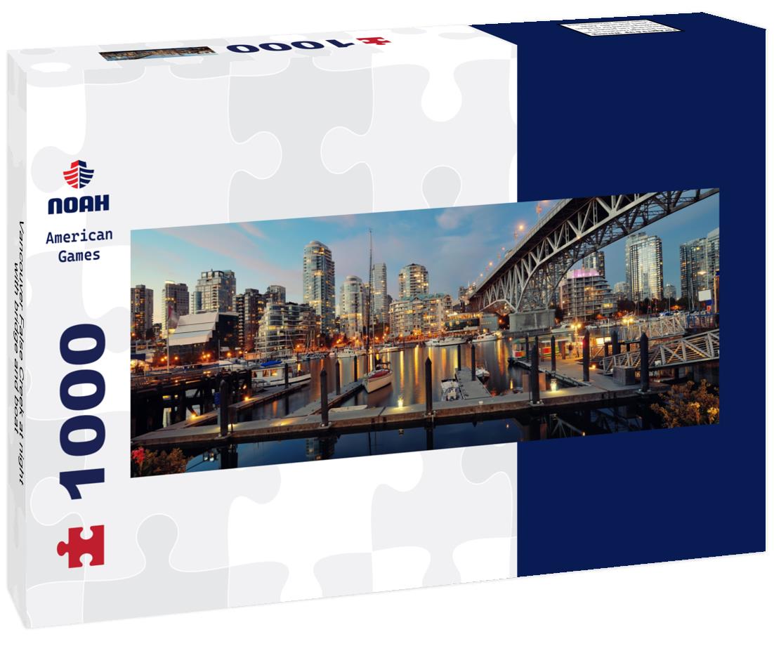 Noah Jigsaw Puzzle Vancouver False Creek at night with bridge and boat panorama 1000 pieces