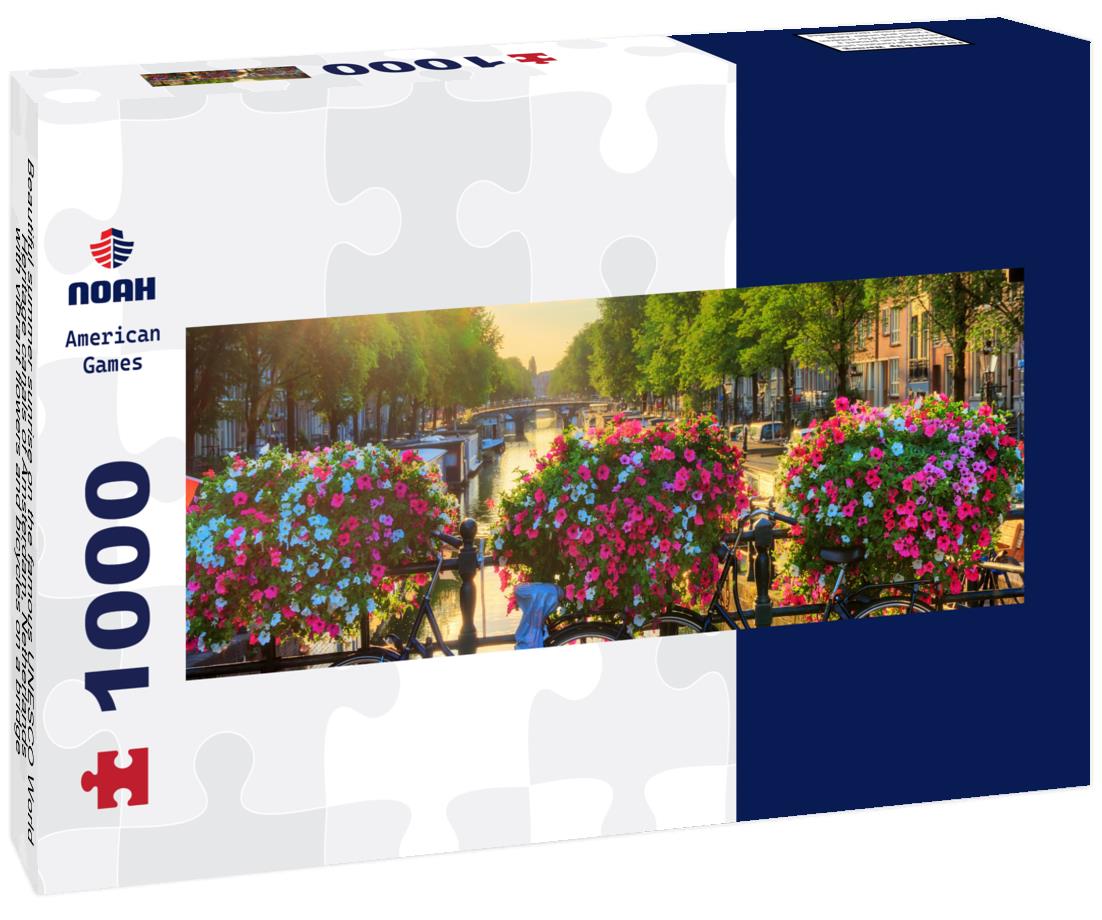 Noah Jigsaw Puzzle Beautiful summer sunrise on the famous UNESCO World Heritage canals of Amsterdam, Netherlands, with vibrant flowers and bicycles on a bridge panorama 1000 pieces