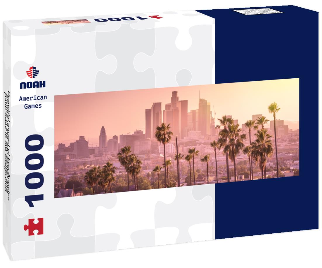 Noah Jigsaw Puzzle Beautiful sunset of Los Angeles skyline in the city center and palm trees in the foreground panorama 1000 pieces