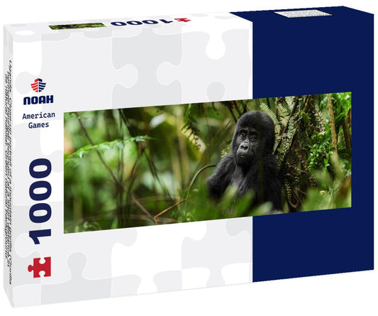 Noah Jigsaw Puzzle Uganda. Close-up portrait of a mountain gorilla (Gorilla beringei beringei beringei) at a short distance in its natural habitat. Green natural background. National Park forest. Uganda. Africa panorama 1000 pieces