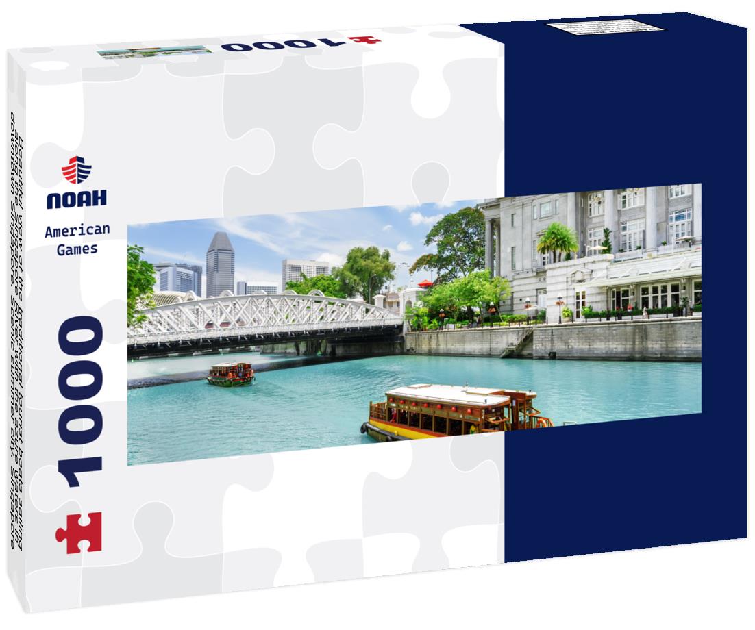 Noah Jigsaw Puzzle Beautiful view of the traditional tourist boats sailing along the Singapore River with the azure waters in downtown Singapore. Scenic summer city. Singapore is a popular tourist destination in Asia panorama 1000 pieces