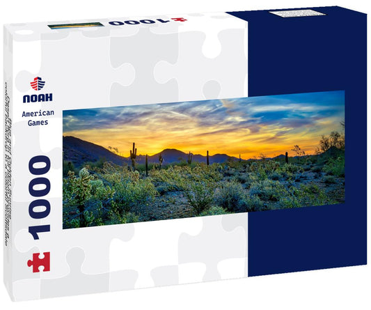 Noah Jigsaw Puzzle Blue and Golden Sunrise - Desert flora in full bloom provides a colorful backdrop to a colorful Scottsdale, Arizona sunrise, rich with golden and blues panorama 1000 pieces