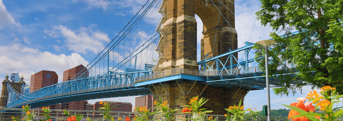 The John A. Roebling Bridge was built in 1866 to connect Covington, Kentucky to Cincinnati, Ohio. It spans the Ohio River 1000pc Panoramic Puzzle