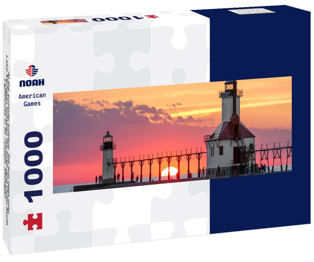 Noah Jigsaw Puzzle At the summer solstice, the sun rises over Lake Michigan between the Inner and Outer North Lighthouse in St. Joseph, Michigan panorama 1000 pieces