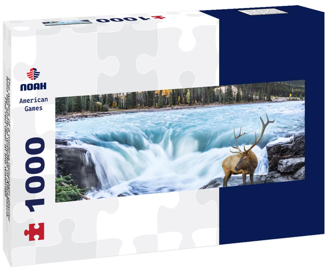 Noah Jigsaw Puzzle The waters of a melting mountain glacier feed the spiritual waterfall of Athabasca. The red deer at the waterfall panorama 1000 pieces