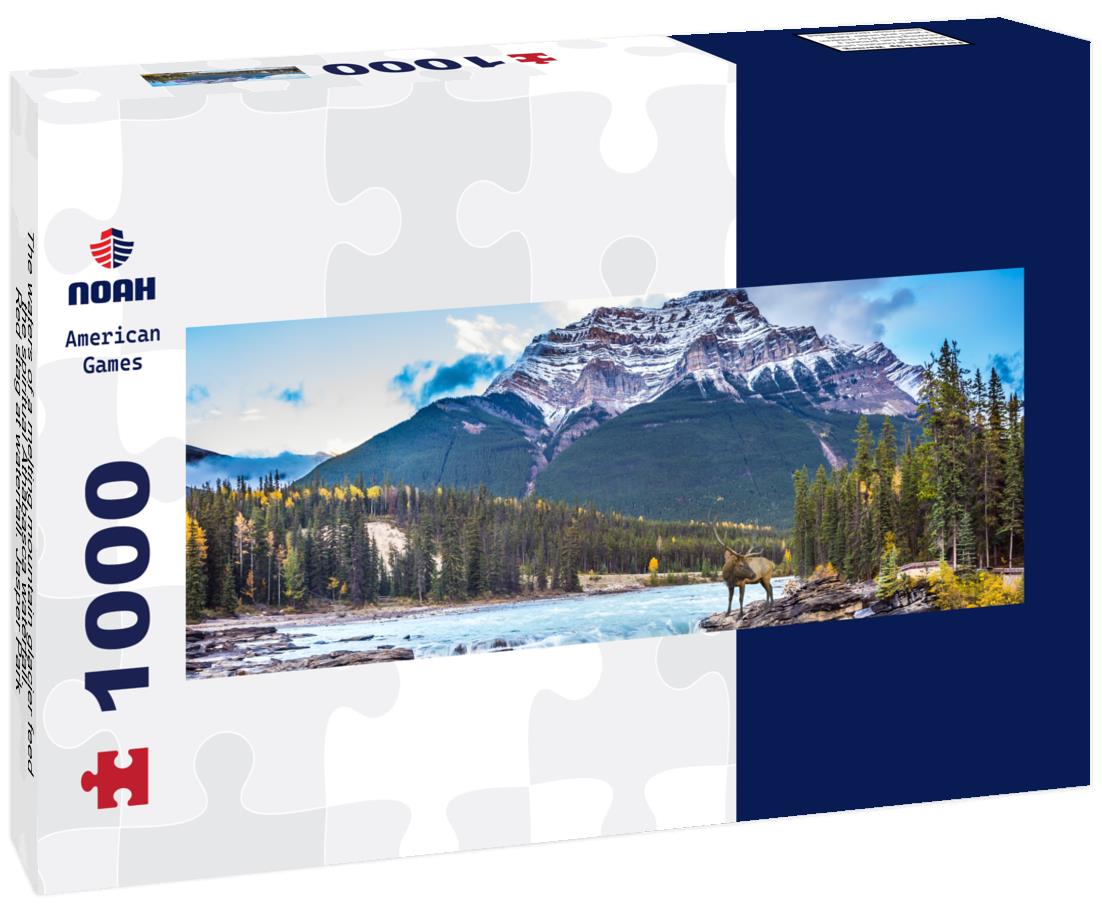 Noah Jigsaw Puzzle The waters of a melting mountain glacier feed the spiritual Athabasca waterfall. Red stag at waterfall. Jasper Park, Canada panorama 1000 pieces