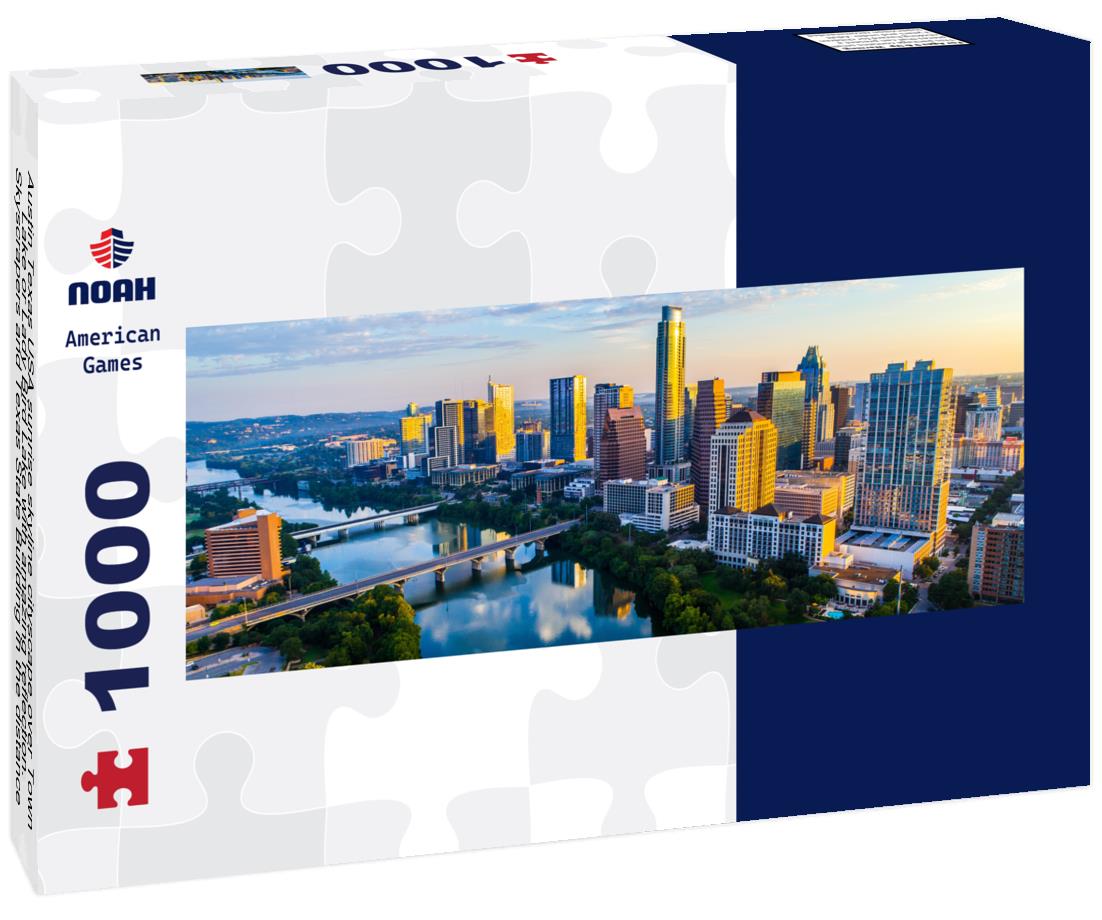 Noah Jigsaw Puzzle Austin Texas USA sunrise skyline cityscape over Town Lake or Lady Bird Lake with amazing reflection. Skyscrapers and Texas State Building in the distance you can see the whole city in the summer panorama 1000 pieces