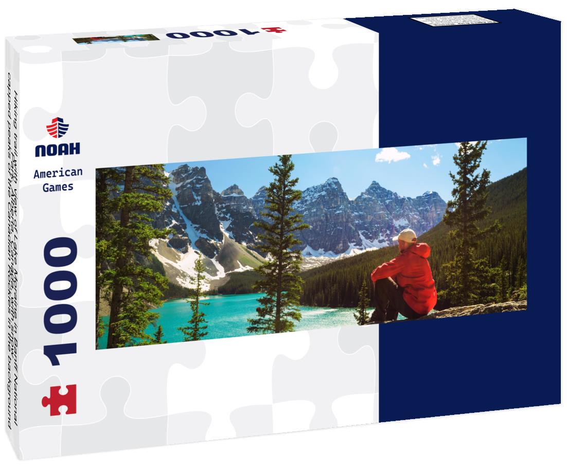 Noah Jigsaw Puzzle Hiking trail with view of Lake Moraine in Banff National Park, Alberta, Canada, with snow-capped peaks of the Canadian Rockies in the background panorama 1000 pieces