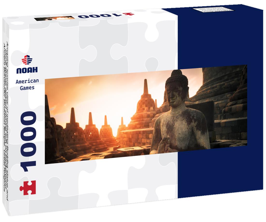 Noah Jigsaw Puzzle Amazing sunrise view of meditating Buddha statue and stone stupas against shining sun on background. Ancient Borobudur Buddhist temple. Great religious architecture. Magelang, Central Java, Indonesia panorama 1000 pieces