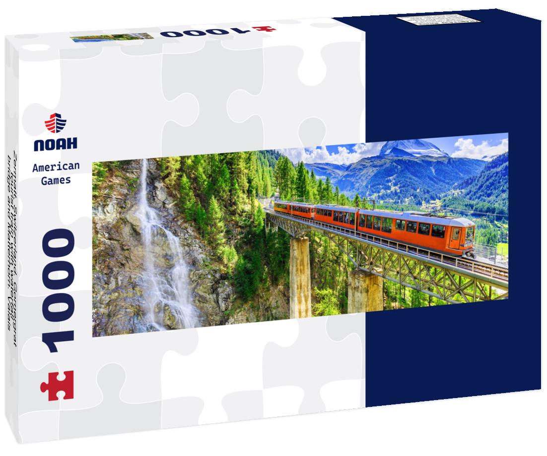 Noah Jigsaw Puzzle Zermatt, Switzerland. Gornergrat tourist train with waterfall, bridge and Matterhorn. Valais panorama 1000 pieces