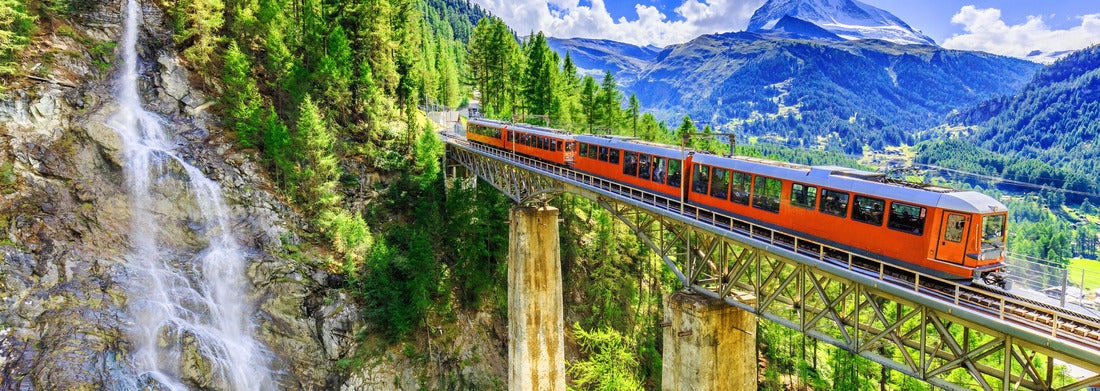 Noah Jigsaw Puzzle Zermatt, Switzerland. Gornergrat tourist train with waterfall, bridge and Matterhorn. Valais panorama 1000 pieces