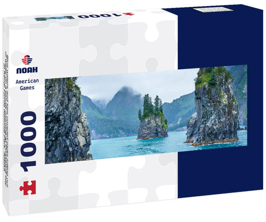 Noah Jigsaw Puzzle Blue waters and tree covered rocks jutting out of water on a cloudy morning at Porcupine bay at Kenai Fjords National Park, Alaska panorama 1000 pieces