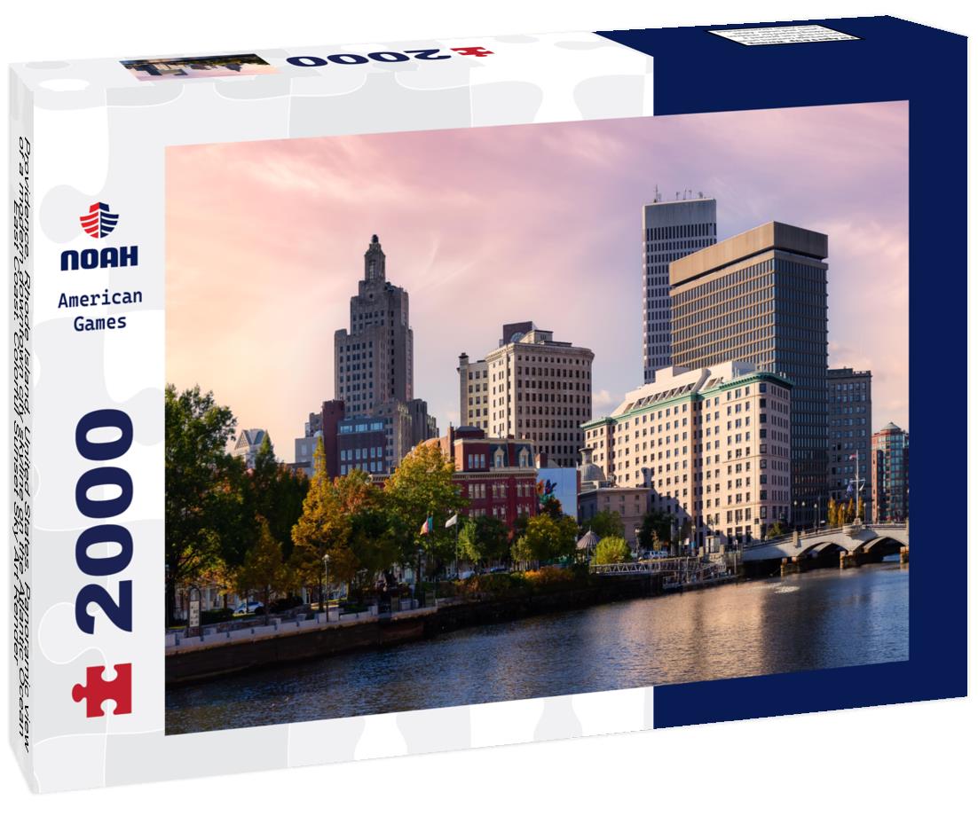 Noah Jigsaw Puzzle Providence, Rhode Island, United States. Panoramic view of a modern downtown city skyline on the Atlantic Ocean East Coast. Colorful Sunset Sky Art Render 2000 pieces