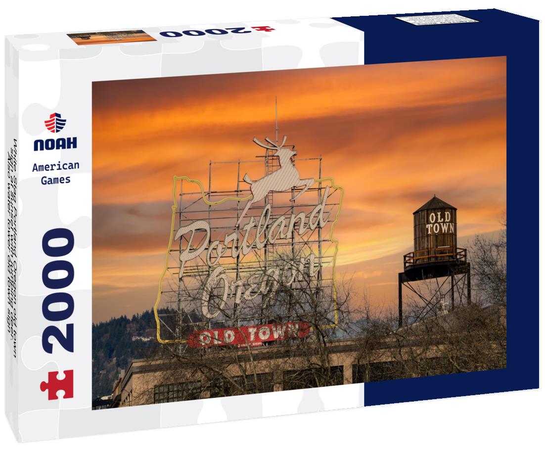 Noah Jigsaw Puzzle White Stag Portland Oregon old town sign at sunset with jumping deer. Also water tower old town sign 2000 pieces