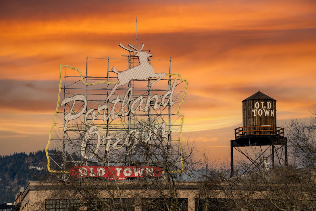 Noah Jigsaw Puzzle White Stag Portland Oregon old town sign at sunset with jumping deer. Also water tower old town sign 2000 pieces