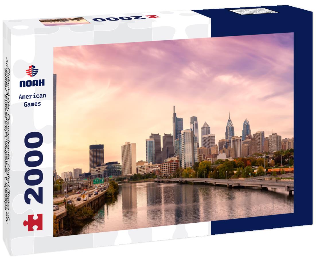 Noah Jigsaw Puzzle Philadelphia, Pennsylvania, United States of America. Aerial panoramic view of a modern city center. Sunset Sky Composite. Cityscape 2000 pieces
