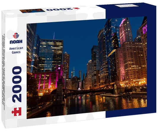 Noah Jigsaw Puzzle Chicago Illinois city skyline at night with view of river and bridge with buildings lit up in background long exposure with dark sky 2000 pieces