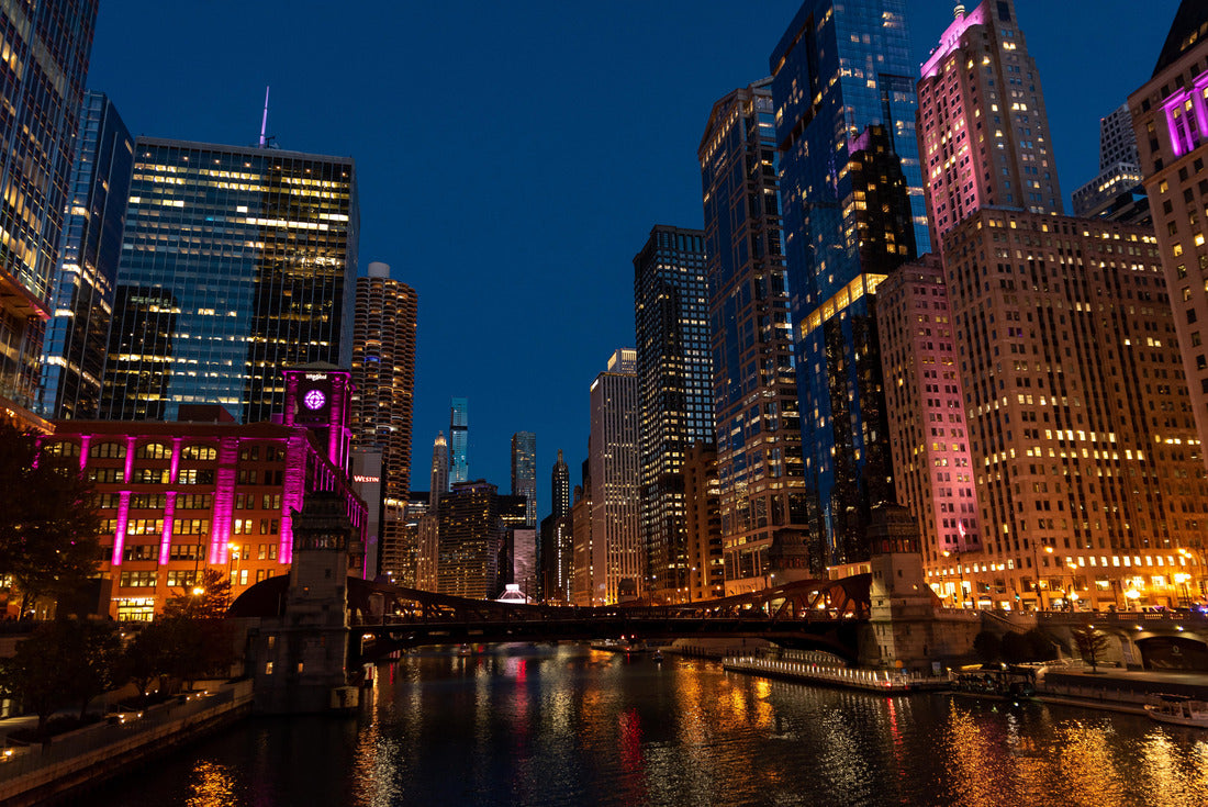 Noah Jigsaw Puzzle Chicago Illinois city skyline at night with view of river and bridge with buildings lit up in background long exposure with dark sky 2000 pieces