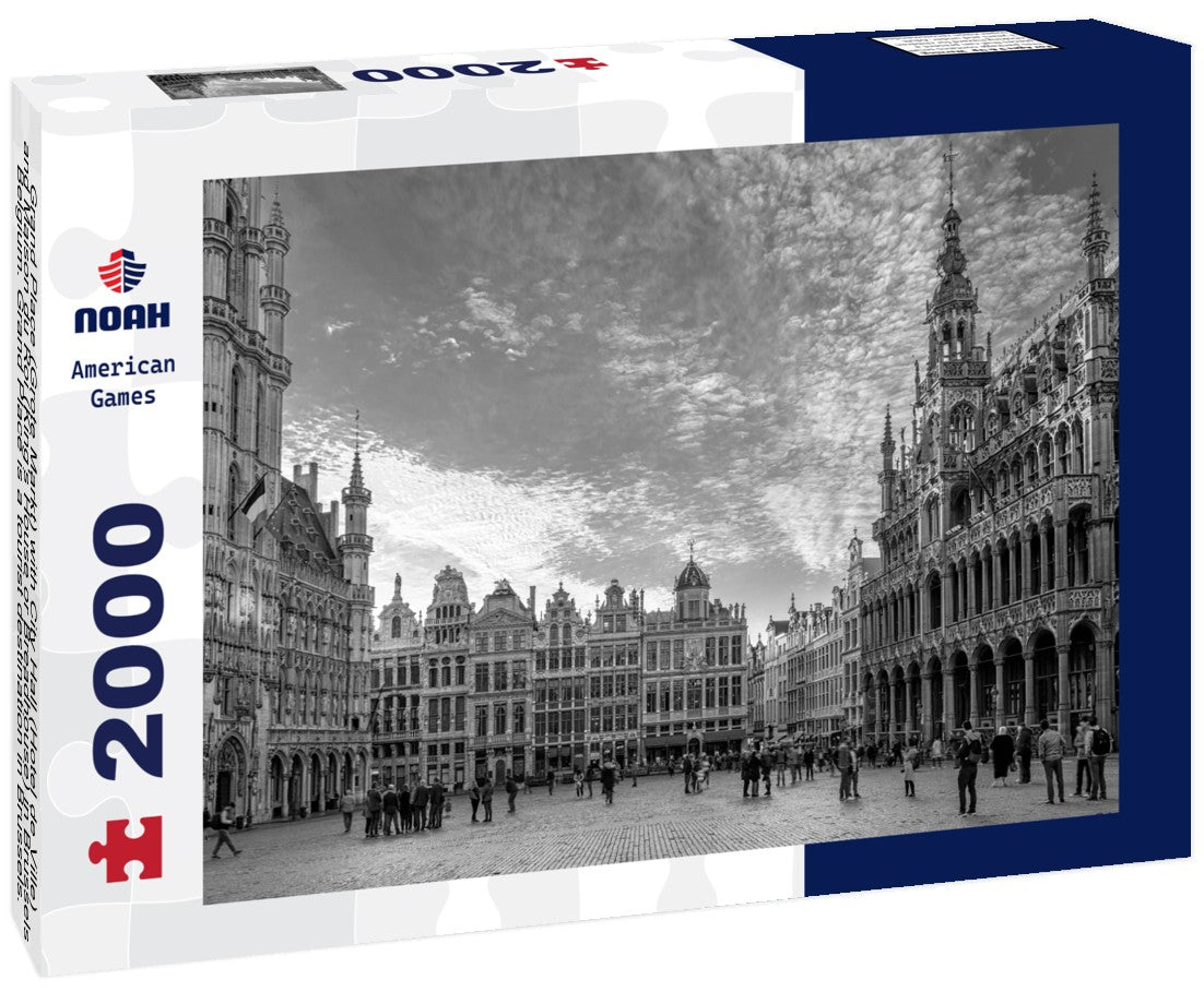 Noah Jigsaw Puzzle Grand Place (Grote Markt) with City Hall (Hotel de Ville) and Maison du Roi (King's House or Breadhouse) in Brussels, Belgium. Grand Place is a tourist destination in Brussels. Cityscape of Brussels in black white 2000 pieces