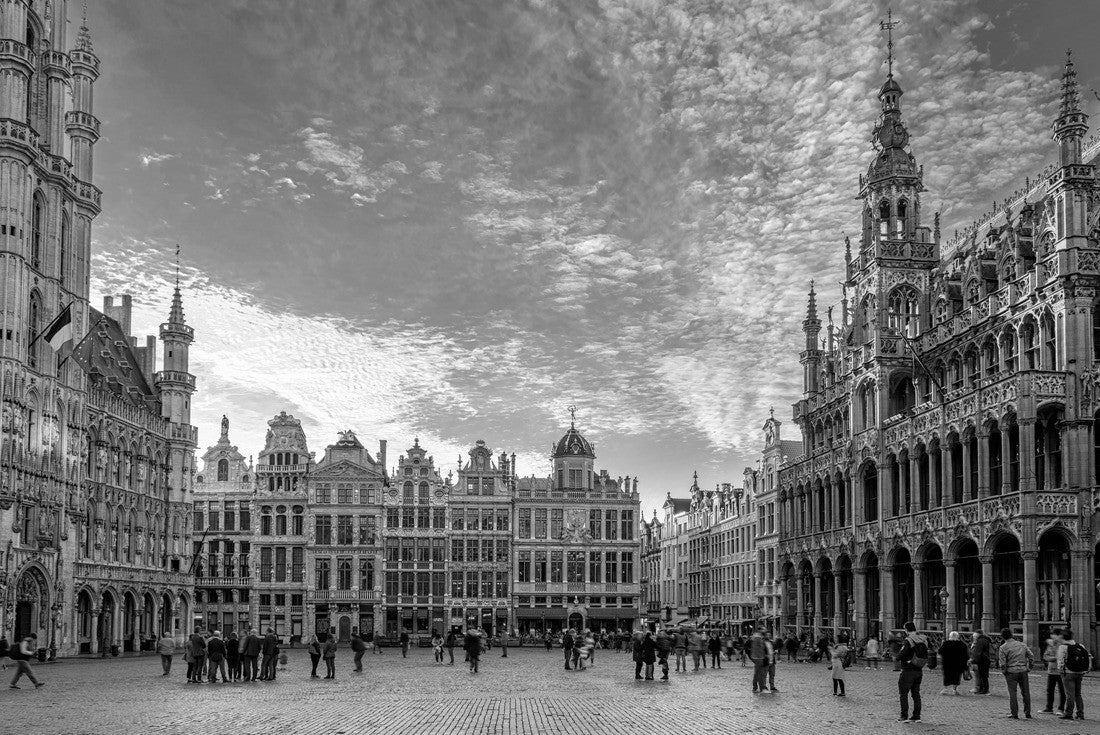 Grand Place (Grote Markt) with City Hall (Hotel de Ville) and Maison du Roi (King's House or Breadhouse) in Brussels, Belgium. Grand Place is a tourist destination in Brussels. Cityscape of Brussels 2000pc PuzzleBlack and White