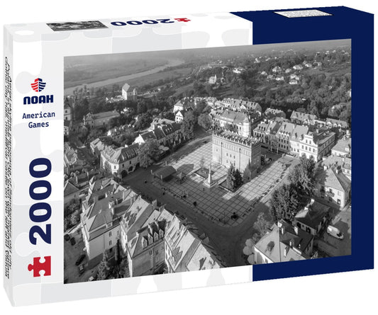 Noah Jigsaw Puzzle Aerial skyline panorama of Sandomierz old city, Poland, in sunrise light. Old town with market square, Gothic city hall, medieval castle on the left and Vistula River in morning fog in the background in black white 2000 pieces