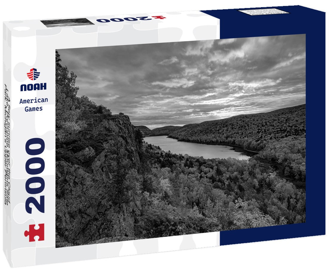 Noah Jigsaw Puzzle A fiery sunrise over the Cloud Lake, Porcupine Mountains Sate Park. Michigan's Upper Peninsula in black white 2000 pieces